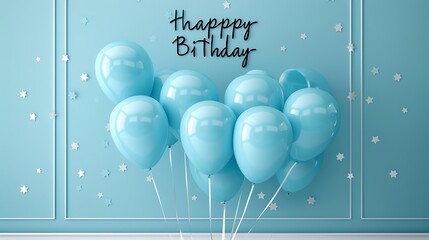 Happy birthday greeting text in white board with blue balloons celebration elements for birth day card decoration