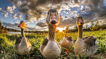 A group of ducks are standing next to each other on a grassy field