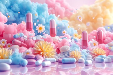 Colorful drugs and pills. Concept of addiction or magic tablet for all diseases. - obrazy, fototapety, plakaty
