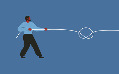 Tug of war. Man pulling a rope a symbol of struggle and perseverance in overcoming difficulties. Concept of aspiration to achieve goals and demonstrate endurance. Vector illustration - 775799051