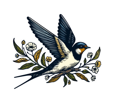 flying swallow bird with floral branch clip art preview