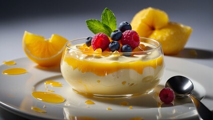 Delicious panna cotta dessert topped with blueberries, raspberries, and orange segments with a honey drizzle - obrazy, fototapety, plakaty