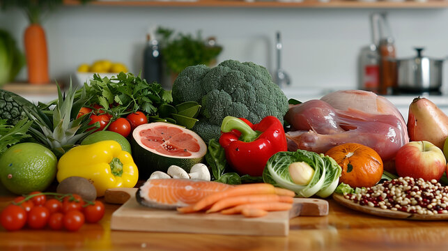 Diverse Selection of Fresh Fruits, Vegetables, and Meats in Home Kitchen