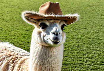 Foto auf Glas Cute cartoon llama cowboy. art illustration of an animal in wild west. © olenakucher