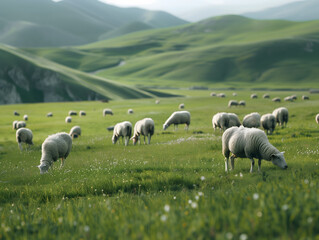 Obraz premium Flock of sheep peacefully grazing on a vibrant green hillside with gentle rolling hills in the background. 