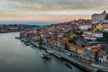 Morning view from Dom Luis I Bridge over Douro River in Porto, Portugal