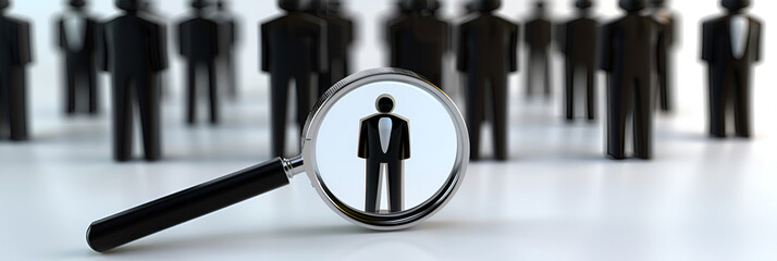 Closeup of a magnifying glass focusing on a manager icon surrounded by staff icons symbolizing leadership Concept