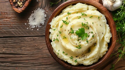mashed potatoes in a bowl on wooden background - obrazy, fototapety, plakaty