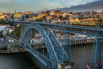 Dom Luis I arch bridge and Porto city, view from Vila Nova de Gaia, Portugal