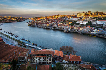 Fototapeta na wymiar Aerial view from Vila Nova de Gaia city on a Douro River and Porto, Portugal