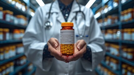 Physician holding medication bottle with blurred background. - obrazy, fototapety, plakaty