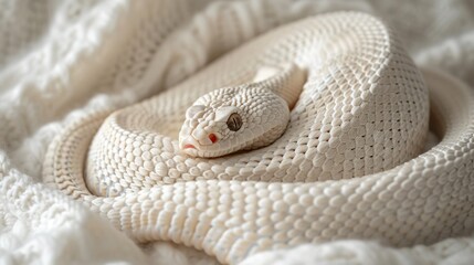 Fototapeta premium A white Texas snake is lying in a knitted plaid