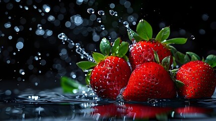 Red strawberries with green leaves, falling into the water and splashing with droplets.