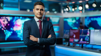 Confident News Anchor Preparing for Broadcast, A professional male news anchor reviews notes before going live on a vibrant, high-tech news set