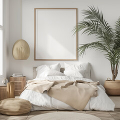 A cozy, sunlit bedroom featuring a large empty frame on the wall, inviting decoration ideas.
