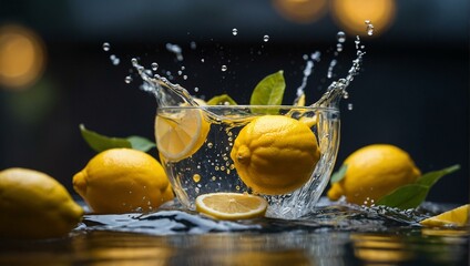 Water splashing around lemon slices in a glass bowl with lemons in the background on a dark, moody setting - obrazy, fototapety, plakaty
