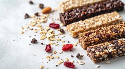 Variety of healthy granola bars with nuts, fruits, and berries on a textured background.