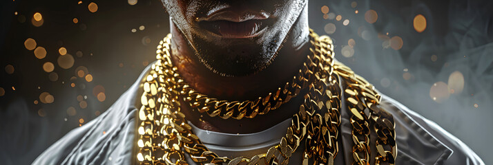 Black man with golden chains in the neck on the bokeh background