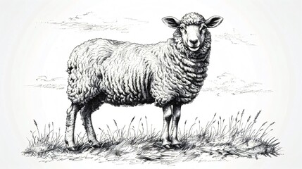 Illustration of a hand-drawn sheep standing in a vintage sketch style, representing a lamb with wool, and a farm animal.