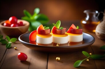 Fusion food, raw dessert, mango jelly with mint. - obrazy, fototapety, plakaty
