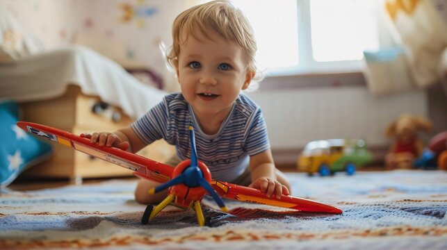 Joyful toddler boy playing with toy airplane and aspiring to be a pilot.