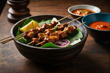 Satay, succulent skewered grilled meat with lime wedge and onion, served with sauce over a leaf on a wooden bowl