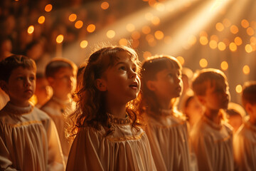 Childrens Christmas choir in white dresses in the church sings Christmas song