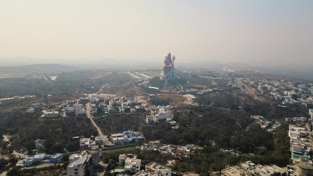 Aerial view of the Statue of Belief, also known as Vishwas Swaroopam, a massive statue of Lord Shiva in Nathdwara, Rajasthan, India. 