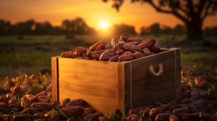 Dates harvested in a wooden box in a plantation with sunset. Natural organic fruit abundance. Agriculture, healthy and natural food concept.
