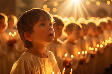 Childrens Christmas choir in the church sings Christmas song - obrazy, fototapety, plakaty