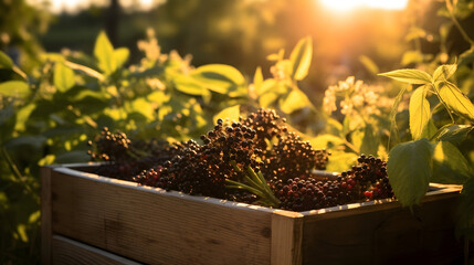 Elderberries harvested in a wooden box in a farm with sunset. Natural organic fruit abundance. Agriculture, healthy and natural food concept. - 775803018