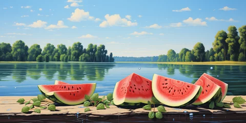 Foto op Plexiglas A Juicy watermelon slices on a picnic table, with a backdrop of a tranquil lake reflecting the azure sky. © Kaneez