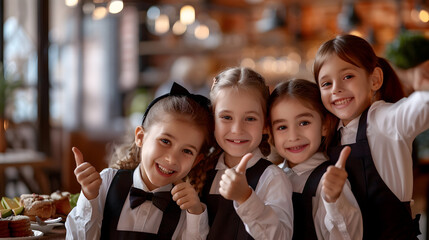 Fototapeta premium Group of children doing their dream job as Waitresses in the restaurant. Concept of Creativity, Happiness, Dream come true and Teamwork.