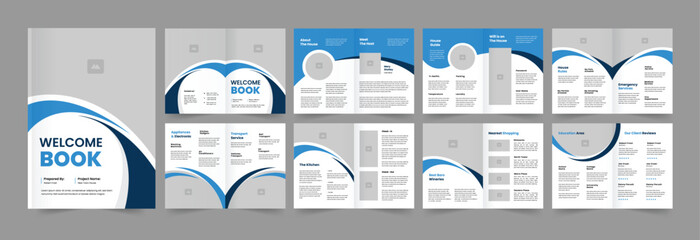 House rental welcome book design and 16 pages welcome brochure with blue colors shapes