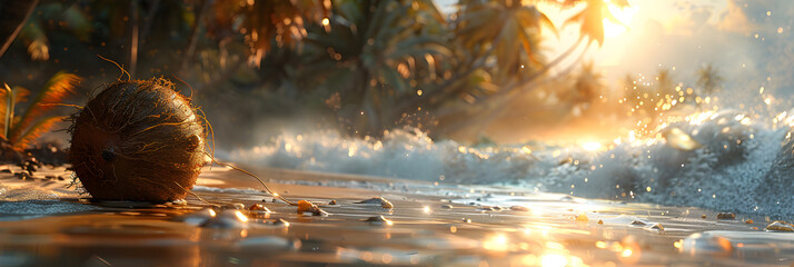 A Solitary Coconut Basks in the Warm Sunlight,
Coconut splashing out of the water closeup shot World Coconut Day