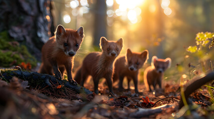 Marten family in the forest with setting sun shining. Group of wild animals in nature.