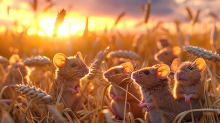 Mice in the harvested field in summer evening with setting sun. Group of wild animals in nature. - obrazy, fototapety, plakaty
