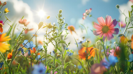Closeup of summer meadow with colorful flowers, blue sky and sunshine in the background. - 775803831