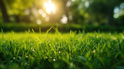 Dew on fresh green grass at sunrise. Macro photography with nature and freshness concept - obrazy, fototapety, plakaty