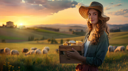 Beautiful young baker woman holding a wooden box full of cheese products standing in the tuscany...