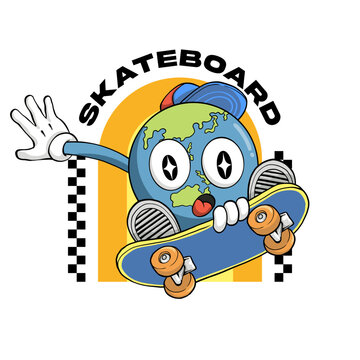 Vector retro Illustration of Earth playing skateboard