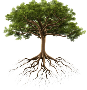 Set tree with roots, green, roots, tree, isolated on transparent background, in different positions, realistic, 3D

