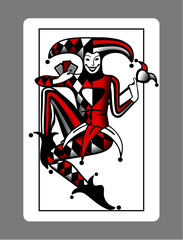 Smiling Joker playing card in black and red engraving drawing style. Vector illustration
