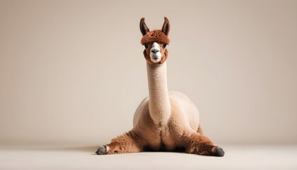 Calm looking alpaca or llama wearing simple clothes, sitting on ground in lotus like position. Zen meditation concept. Banner with space for text at side. Generative AI