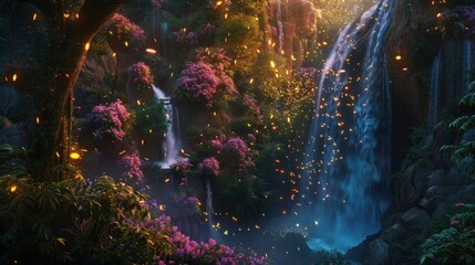 Glowing fireflies illuminate a hidden fairytale garden at dusk. Majestic waterfall cascades down vibrant flower-covered cliff. Enchanting scene reminiscent of storybook painting.