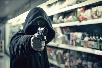 Gangster in hood with facial mask threatens supermarket visitors with handgun. Criminal assaults store to get easy money for dope. Firearm danger - obrazy, fototapety, plakaty