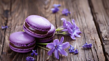 Violet macarons with purple flowers on a rustic wooden background