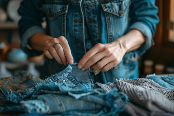 Female mend stitches salvages cloth from used jeans thrifty recycling.