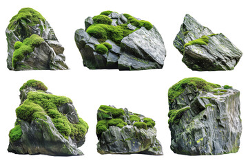 Fototapeta premium Set stone, moss, nature, isolated on white, in different positions, realistic, 3D 