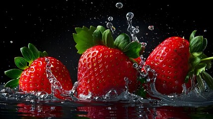 Red strawberries with green leaves, falling into the water and splashing with droplets.